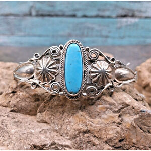 Native American Kingman Turquoise Cuff Bracelet Navajo Signed RB Sterling Silver